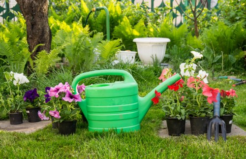 A vibrant garden scene featuring a variety of potted flowering plants, including pink, purple, and white blooms, arranged along a well-maintained grassy area. In the foreground, a large green plastic watering can and a small garden fork are positioned on the lawn, indicating ongoing gardening activity. Behind the plants, a mature tree trunk is visible, with lush green foliage providing a backdrop. The garden appears to be part of a landscaped outdoor space, possibly a front or back garden, with natural sunlight illuminating the scene, highlighting the healthy green grass and colorful flowers. The setting suggests an environment maintained by professional landscapers such as Landscapers Putney, emphasizing tidy plant arrangements and outdoor care suitable for residential gardens in the Putney area of London.