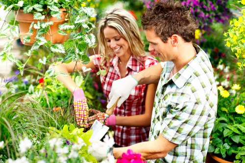 A man and woman working together in a lush garden, with the man wearing a checked shirt and gardening gloves, holding a small gardening tool, while the woman, also in casual checked clothing, smiles as she assists. They are surrounded by an array of vibrant flowering plants, green foliage, and neatly maintained shrubs, with a background of purple and yellow flowers. The garden features a combination of soil beds, dense grass lawn areas, and decorative potted plants, creating a colourful and inviting outdoor space indicative of professional gardening and landscaping care in Putney. The scene suggests active outdoor maintenance, with natural daylight highlighting the healthy, well-tended plants and the overall garden layout, reflecting the expertise of local landscapers such as Landscapers Putney in garden revitalisation and outdoor beautification services.